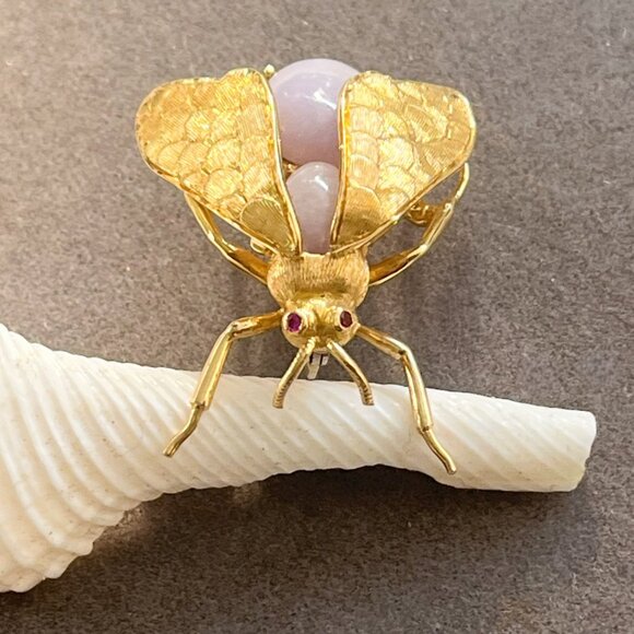 ✨Vintage 1950s Handmade 18K Gold Italian Bee Brooch | Lavender Jade & Ruby Eyes - Picture 9 of 13